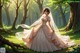 A woman in a wedding dress walking through a forest.