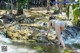 A woman in a bikini standing in a stream.